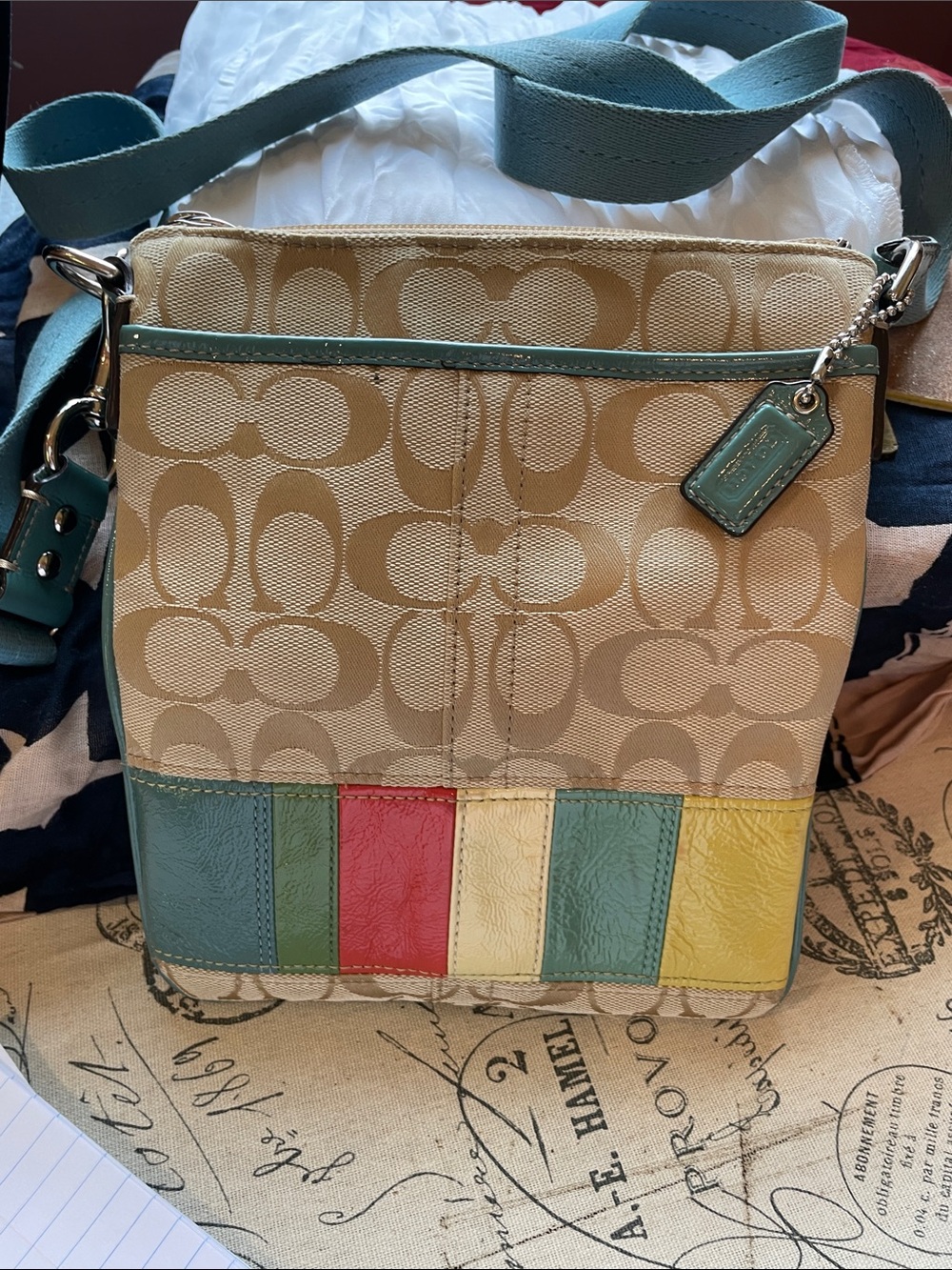Coach Vintage  Signature Crossbody with Teal, Red, Cream & Yellow Trim
